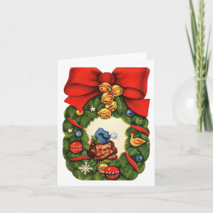 Vintage Doggie Sleeping in Wreath Christmas Card