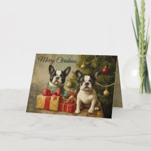 Vintage Dogs Boston Terriers Merry Christmas Holiday Card