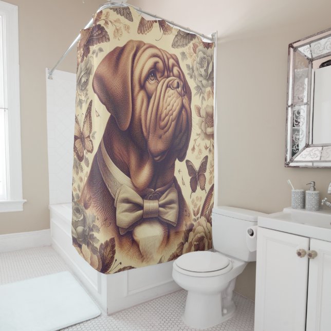 Vintage Dogue de Bordeaux Illustration Shower Curtain (In Situ)