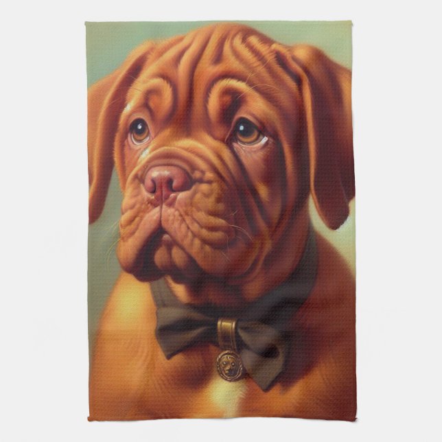 Vintage Dogue de Bordeaux Painting Tea Towel (Vertical)