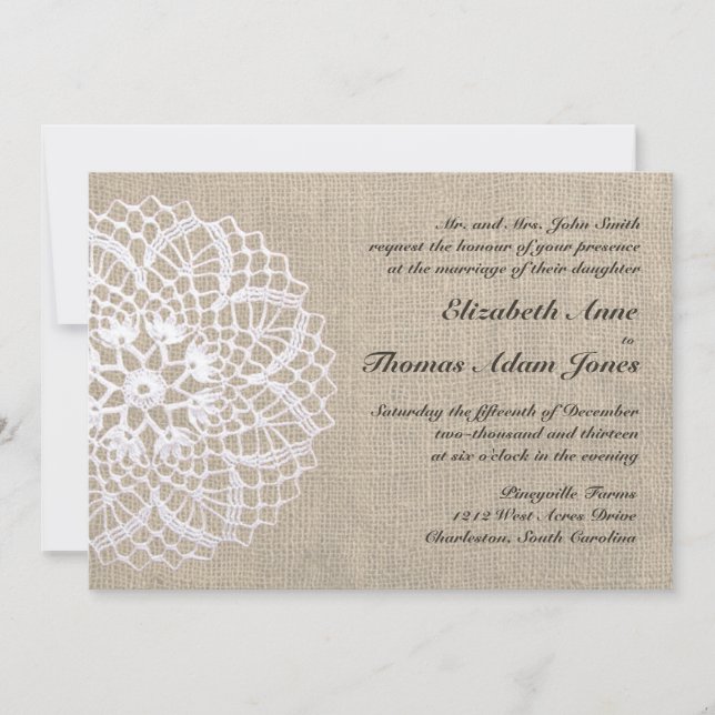 Vintage Doily & Burlap Wedding Invitation (Front)