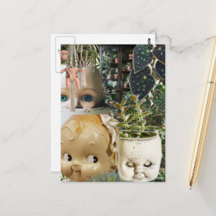 Vintage Doll Head Planters Mixed Media Collage Postcard