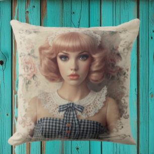Vintage Dollcore Girl with Ivory Border Cushion