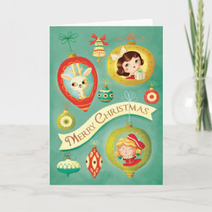 Vintage Dolls & Reindeer Christmas Greeting Card