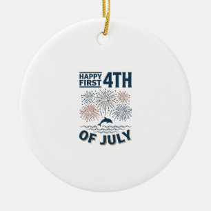 Vintage Dolphin 4th of July Fireworks Shirt Design Ceramic Tree Decoration