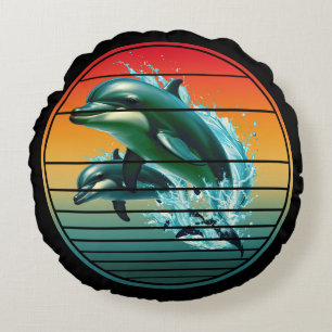 Vintage Dolphin Ocean Sea Creature Dolphins Round Cushion