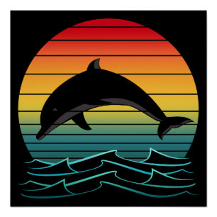 Vintage Dolphin Sunset Ocean Poster
