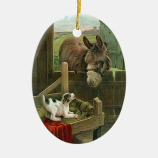 Vintage Donkey & Puppy Dog in Manger Old Barnyard Ceramic Tree Decoration