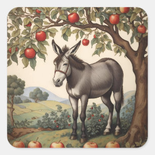Vintage Donkey Under An Apple Tree Square Sticker