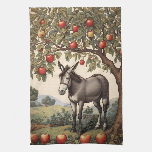 Vintage Donkey Under An Apple Tree Tea Towel (Vertical)