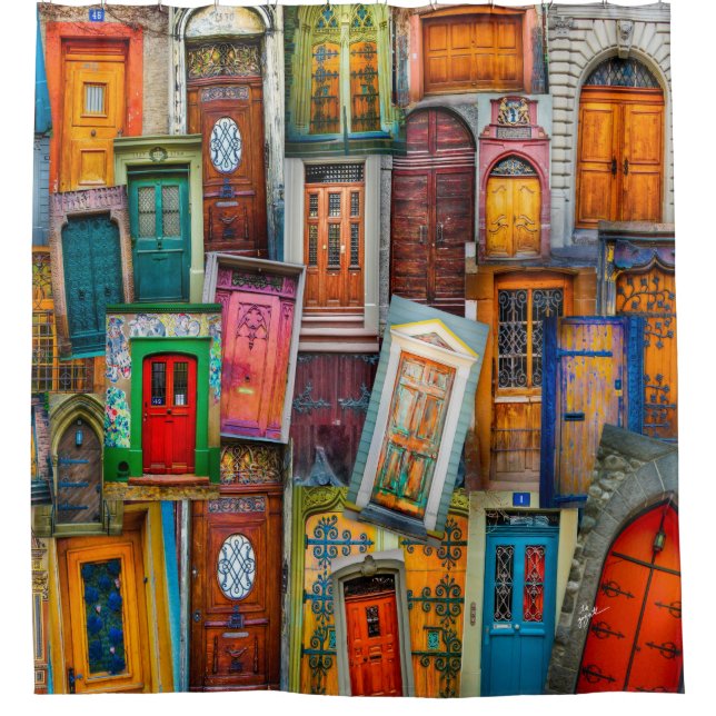 Vintage Door Collage Pattern Colourful Shower Curtain (Front)