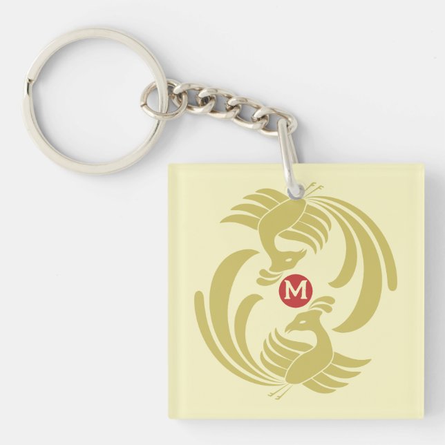 vintage double cranes yellow key ring (Front)