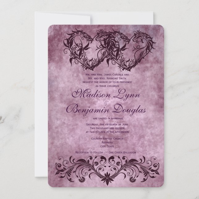 Vintage Double Hearts Purple Wedding Invitations (Front)