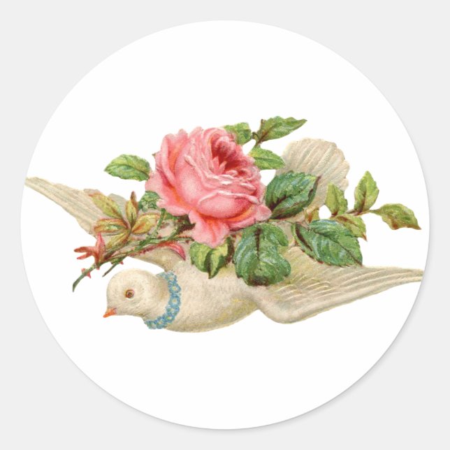 Vintage Dove and Rose Classic Round Sticker (Front)