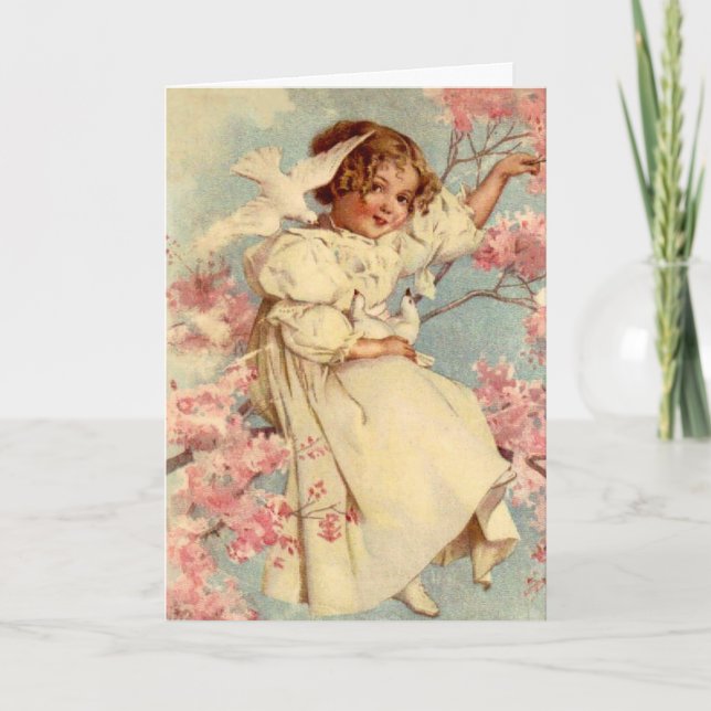 Vintage Dove Girl Easter Holiday Card (Front)