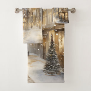 Vintage Downtown Night Winter Snowfall Gold Black Bath Towel Set