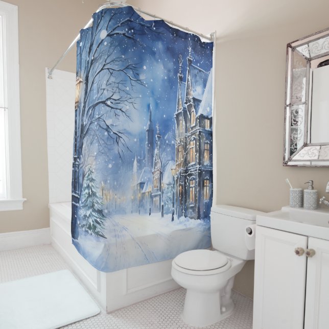 Vintage Downtown Night Winter Snowfall Shower Curtain (In Situ)