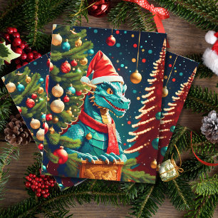 Vintage Dragon At Christmas ai Holiday Postcard