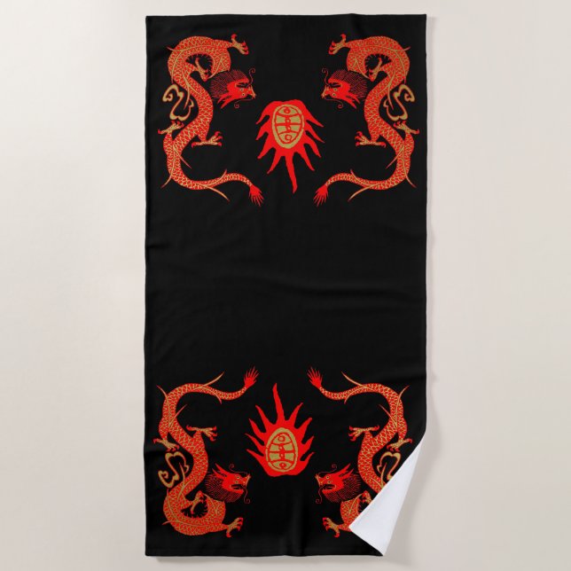Vintage Dragon Holiday Red and Black Beach Towel (Front)