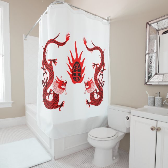 Vintage Dragon Holiday Red and Black Shower Curtain (In Situ)