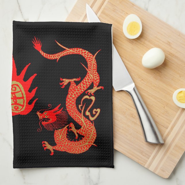 Vintage Dragon Holiday Red and Black Tea Towel (Quarter Fold)
