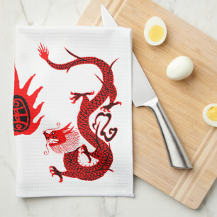 Vintage Dragon Holiday Red and Black Tea Towel