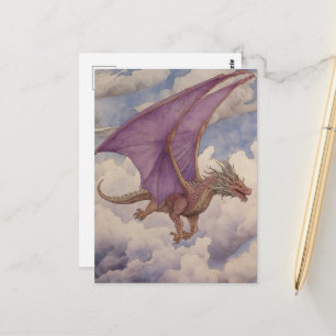 Vintage Dragon Purple Wings Watercolor in Clouds Postcard