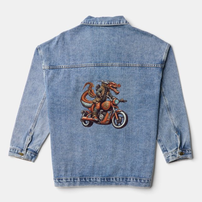 Vintage Dragon Riding a Motorcycle  Denim Jacket (Back)