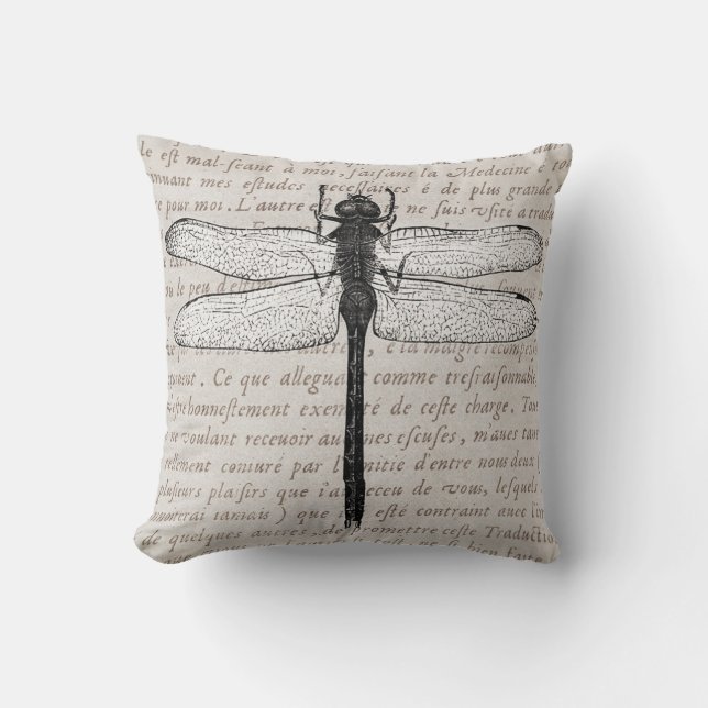 Vintage Dragonfly and Antique Text Collage Cushion (Front)