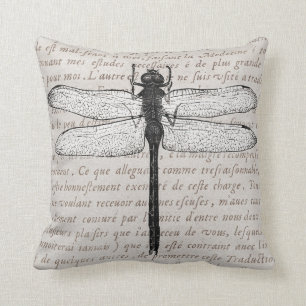 Vintage Dragonfly and Antique Text Collage Cushion