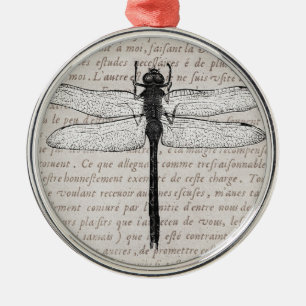 Vintage Dragonfly and Antique Text Collage Metal Tree Decoration