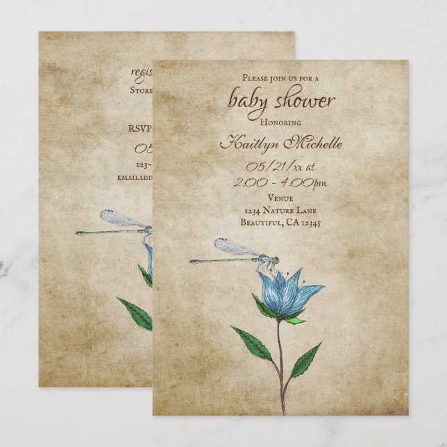 Vintage Dragonfly and Blue Flower Baby Shower Invitation (Front/Back)