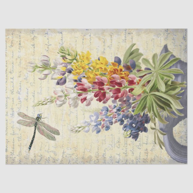 Vintage Dragonfly and Flower Bouquet Decoupage Tissue Paper (Front)