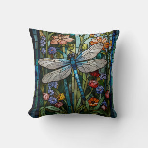 Vintage Dragonfly art floral botanical stain glass Cushion