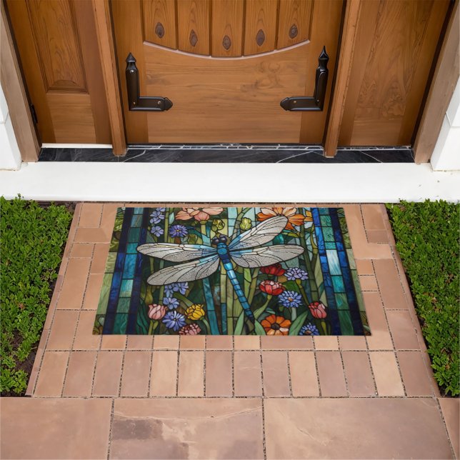 Vintage Dragonfly art floral botanical stain glass Doormat (Outdoor)