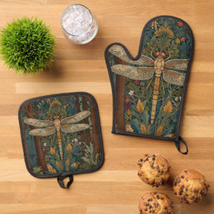 Vintage dragonfly design romantic boho botanical  oven mitt & pot holder set