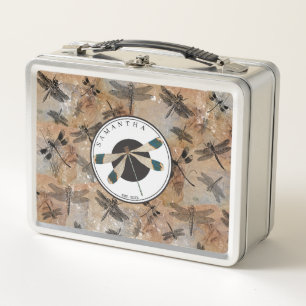 Vintage Dragonfly Distressed Entomology Monogram Metal Lunch Box
