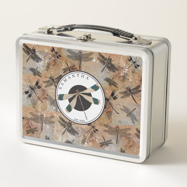 Vintage Dragonfly Distressed Entomology Monogram Metal Lunch Box (Front)