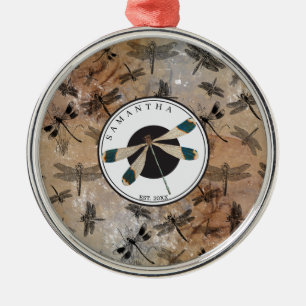 Vintage Dragonfly Distressed Entomology Monogram Metal Tree Decoration