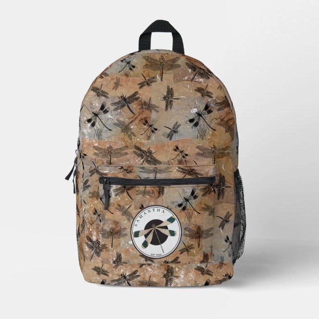 Vintage Dragonfly Distressed Entomology Monogram Printed Backpack (Front)