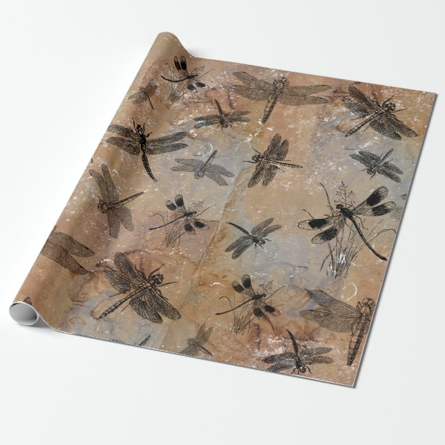 Vintage Dragonfly Distressed Entomology Pattern Wrapping Paper (Unrolled)