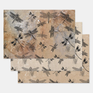 Vintage Dragonfly Distressed Entomology Pattern  Wrapping Paper Sheet