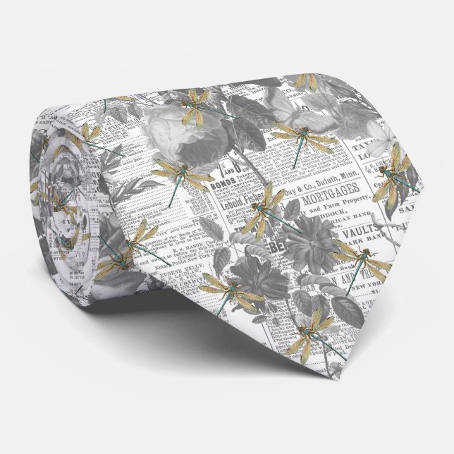 Vintage Dragonfly Floral Neck Tie (Rolled)