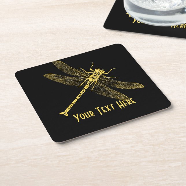 Vintage Dragonfly Illustration II Personalised Square Paper Coaster (Angled)