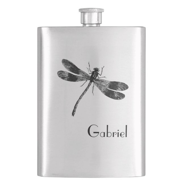 Vintage Dragonfly Illustration with Monogram Hip Flask (Front)