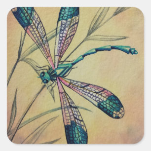 Vintage Dragonfly No. 4 and Foliage Watercolor Art Square Sticker