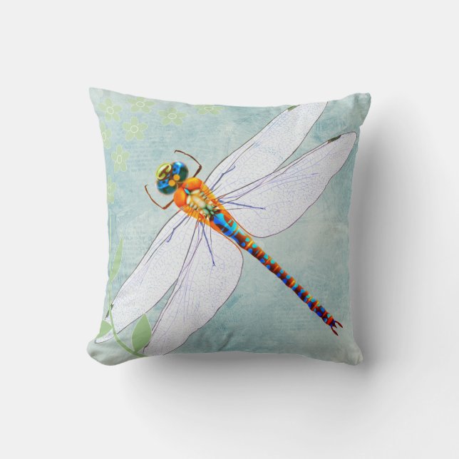 Vintage Dragonfly on Faded Floral Background Cushion (Front)