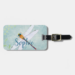 Vintage Dragonfly on Faded Floral Background Luggage Tag