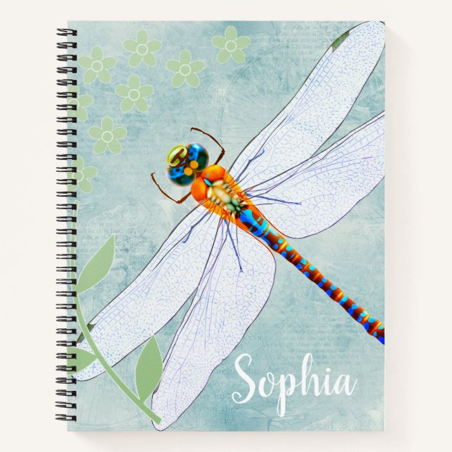 Vintage Dragonfly on Faded Floral Background Notebook (Front)