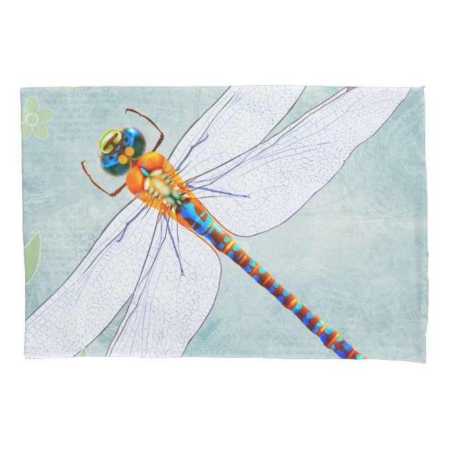 Vintage Dragonfly on Faded Floral Background Pillowcase (Front)